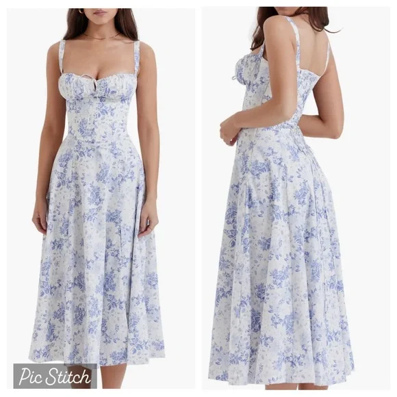 house of cb Carmen Blue Print Bustier Sundress - Picture 2 of 12